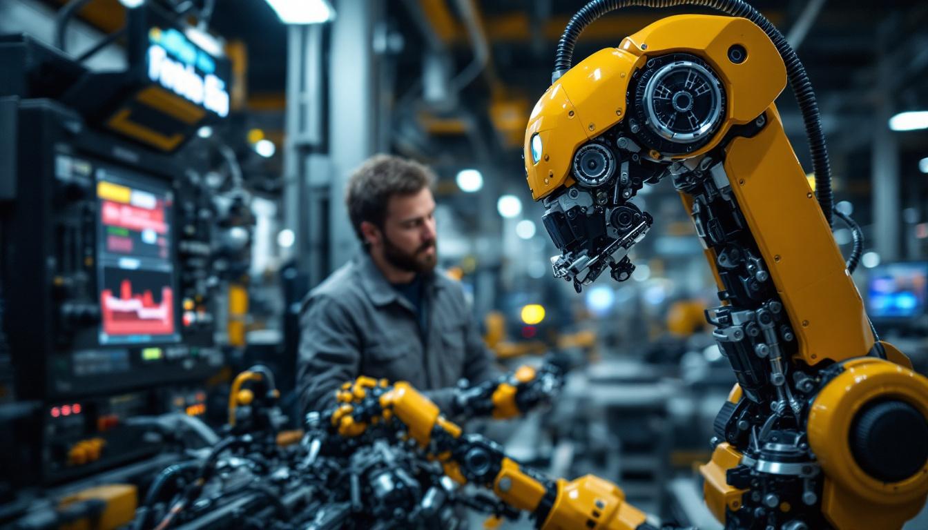 A photograph of a robotics engineer working hands-on with an industrial robot in a modern manufacturing setting