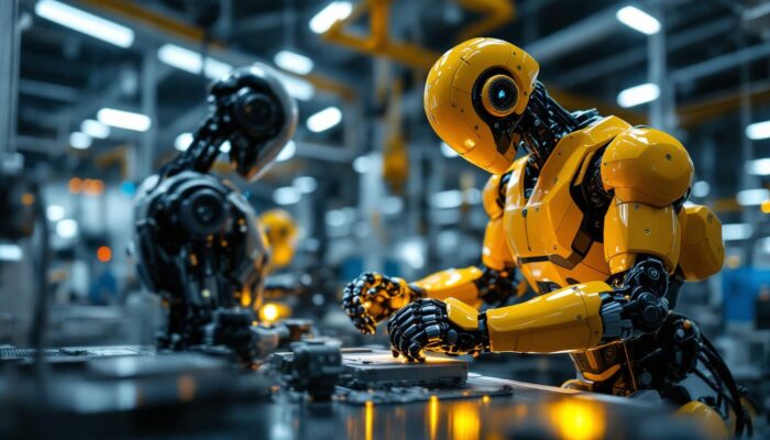 A photograph of a sleek industrial robot in action within a modern manufacturing environment