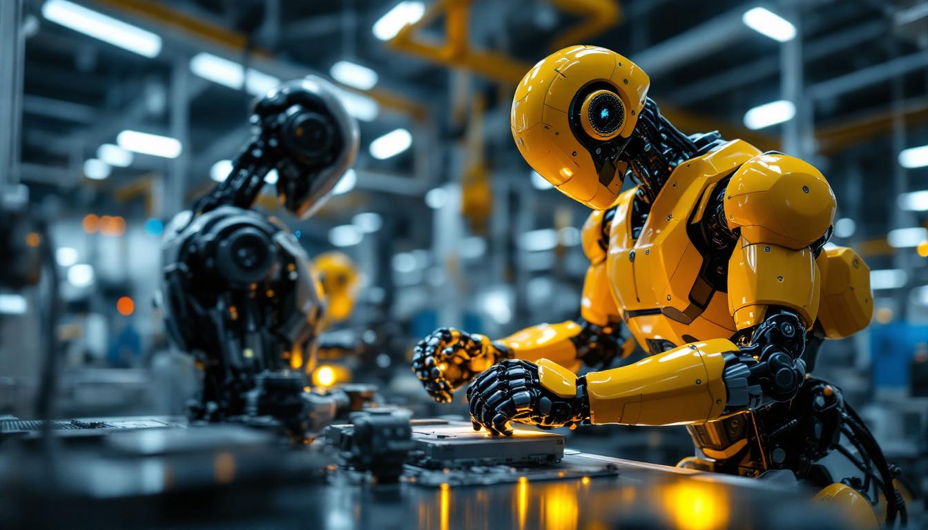 A photograph of a sleek industrial robot in action within a modern manufacturing environment