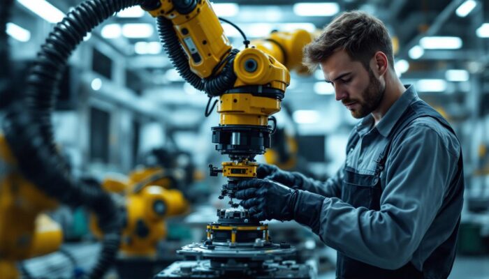 A photograph of a skilled technician performing routine maintenance on an industrial robotic arm