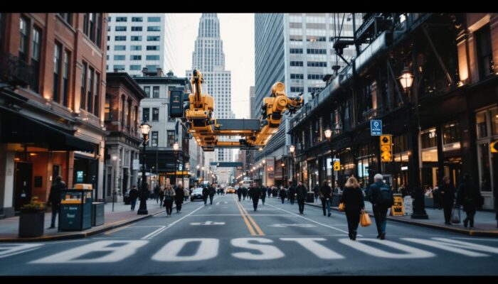 A photograph of capture a photograph of a bustling boston street scene that showcases both the city's historic architecture and modern industrial elements