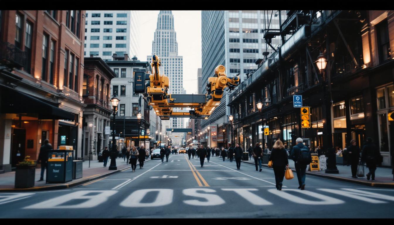A photograph of capture a photograph of a bustling boston street scene that showcases both the city's historic architecture and modern industrial elements