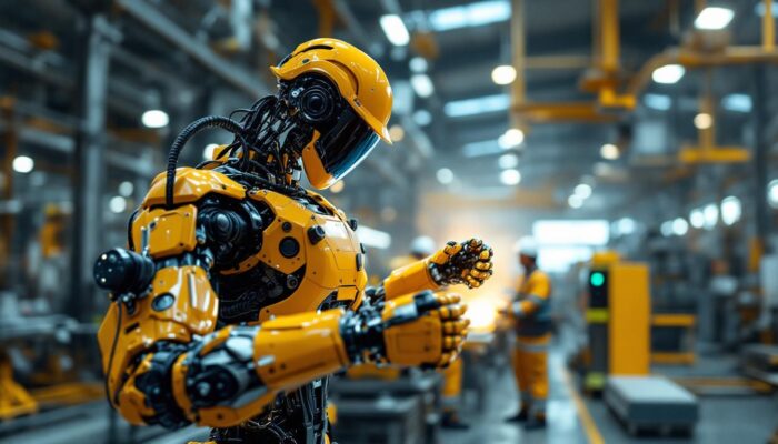 A photograph of capture a photograph of an industrial robot in action within a manufacturing setting