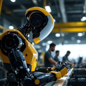 A photograph of a sleek industrial robot in action