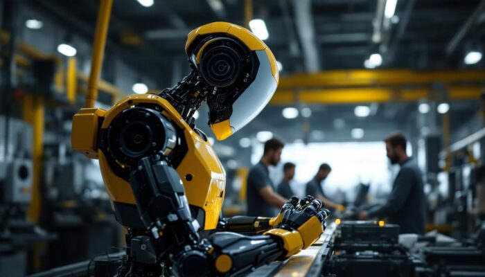A photograph of a sleek industrial robot in action