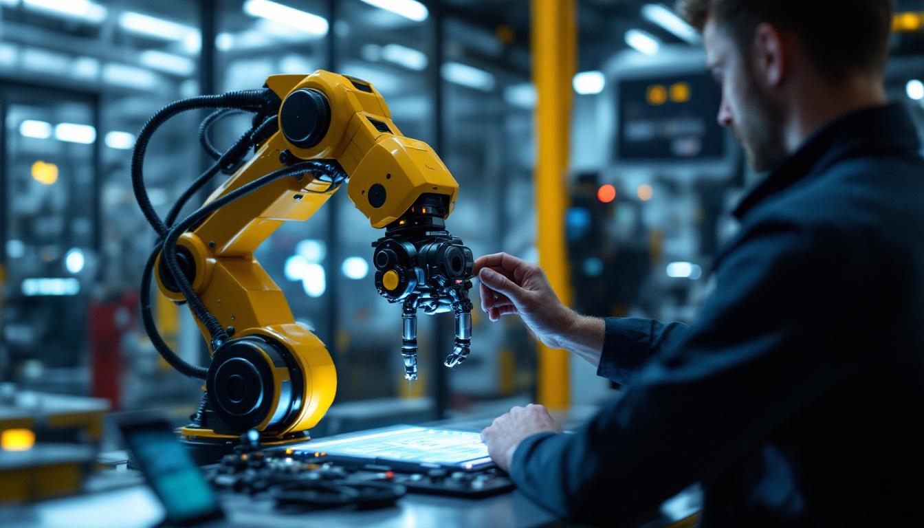 A photograph of a skilled technician programming or operating a sleek industrial robotic arm in a modern manufacturing environment