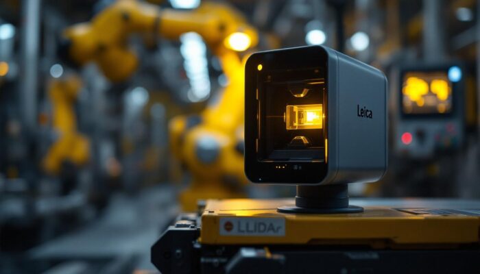 A photograph of capture a photograph of a leica lidar scanner in action within an industrial setting
