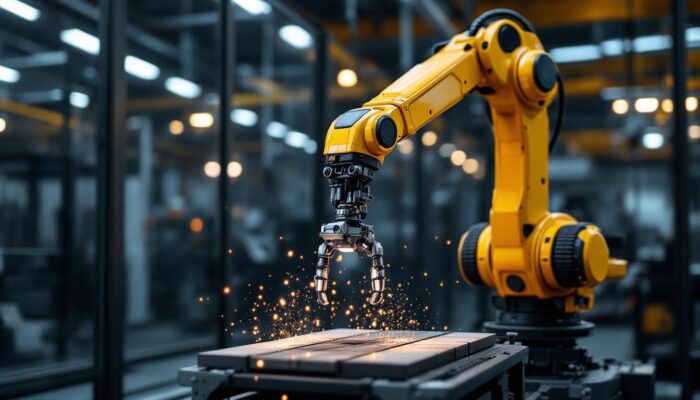 A photograph of a sleek industrial robotic arm in action