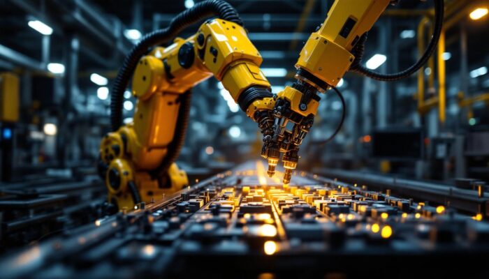 A photograph of a high-tech industrial robotic arm in action