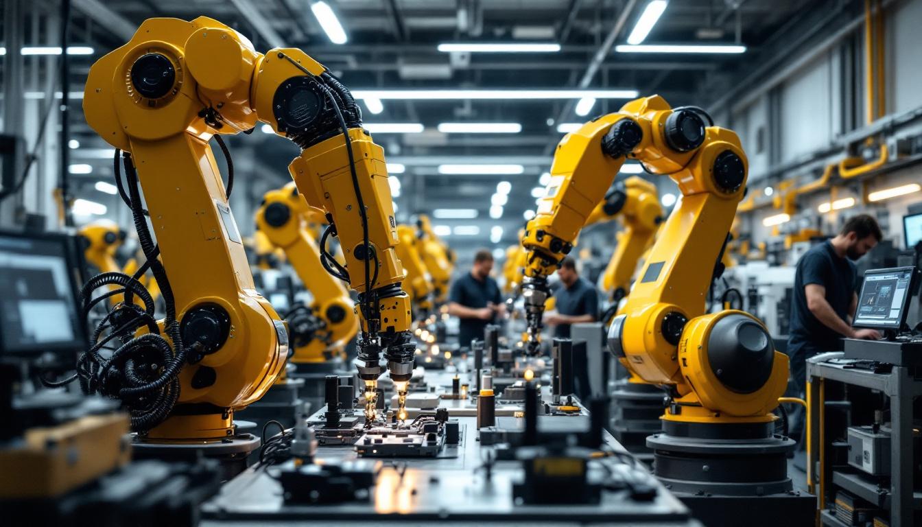 A photograph of a bustling industrial robotics facility in boston