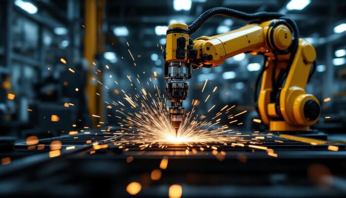 A photograph of a dynamic industrial robotic arm in action