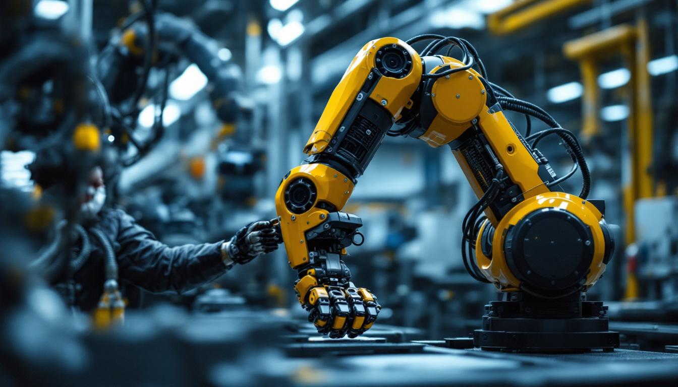 A photograph of a skilled technician working on an industrial robotic arm in a high-tech manufacturing environment
