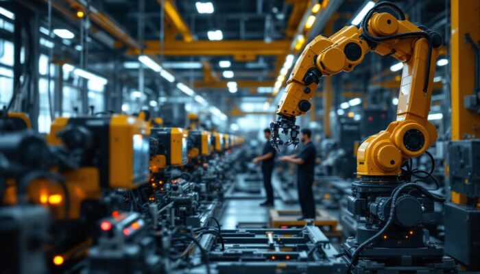 A photograph of a dynamic industrial workspace showcasing advanced robotic systems in action