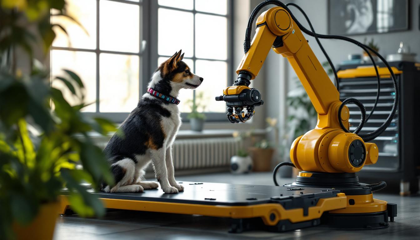 A photograph of a robotic arm interacting with a dog platform by a window