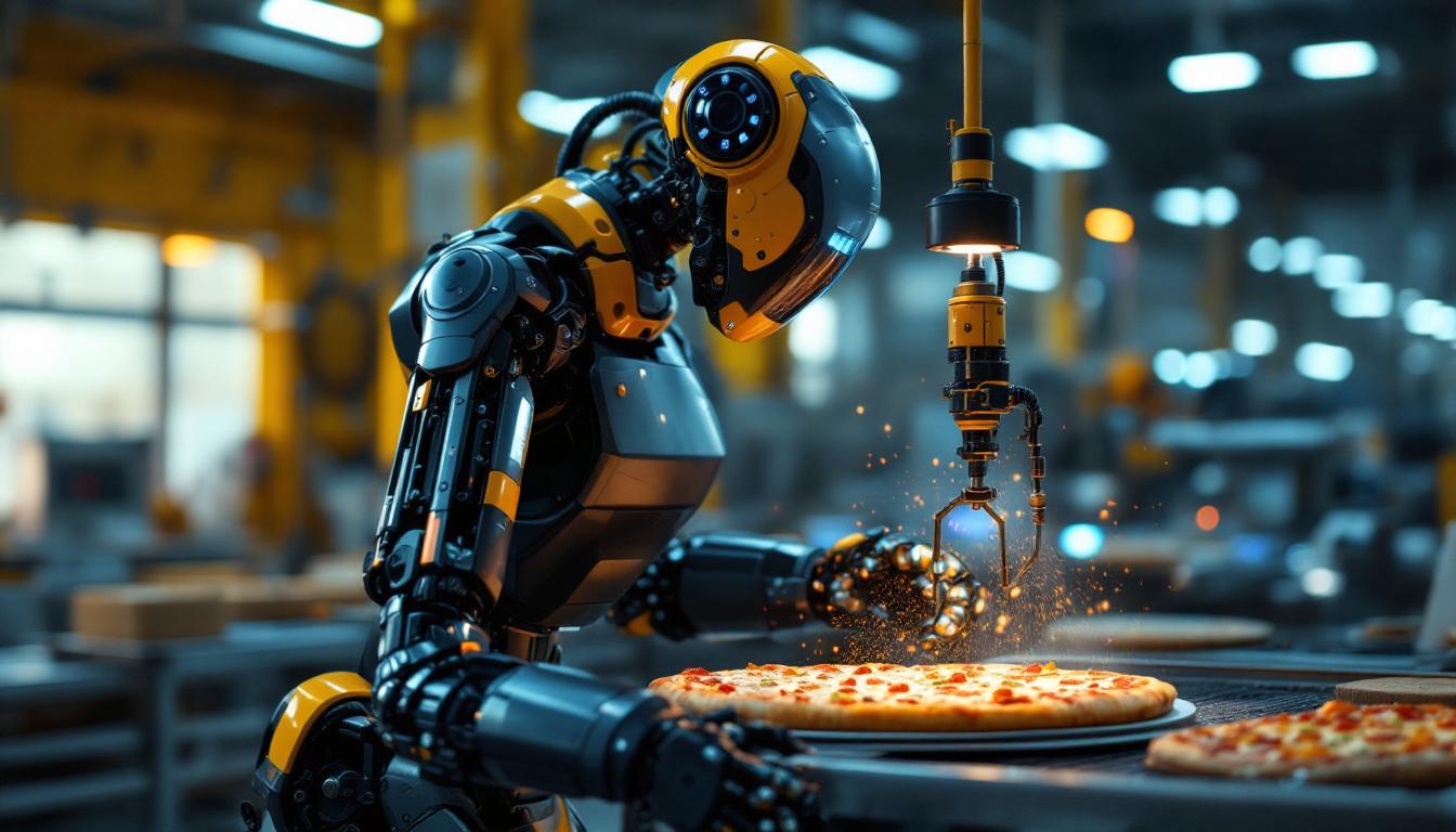 A photograph of a sleek industrial robot in action at a pizza production facility