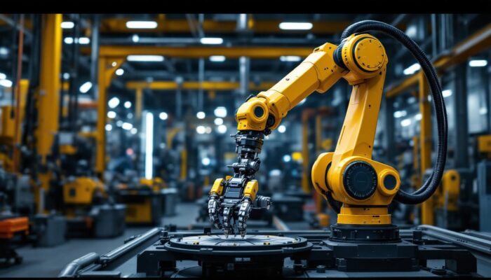 A photograph of a sleek industrial robotic arm in action