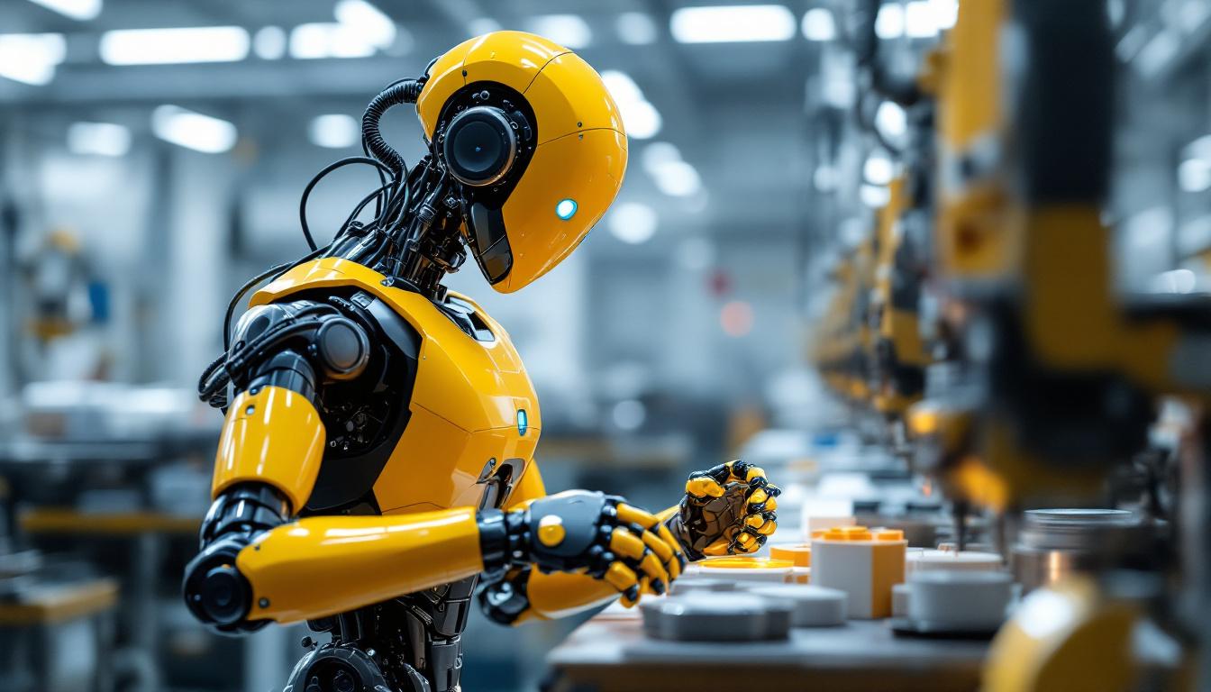 A photograph of a sleek industrial robot in action within a manufacturing environment