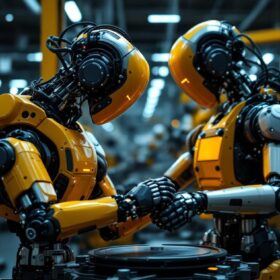 A photograph of a modern industrial robot in action within a manufacturing facility