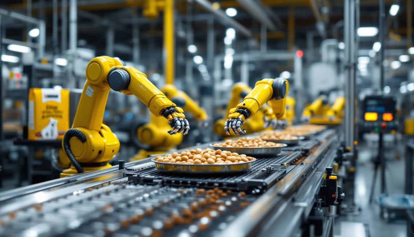 A photograph of a modern industrial setting showcasing robotic arms in action on a production line