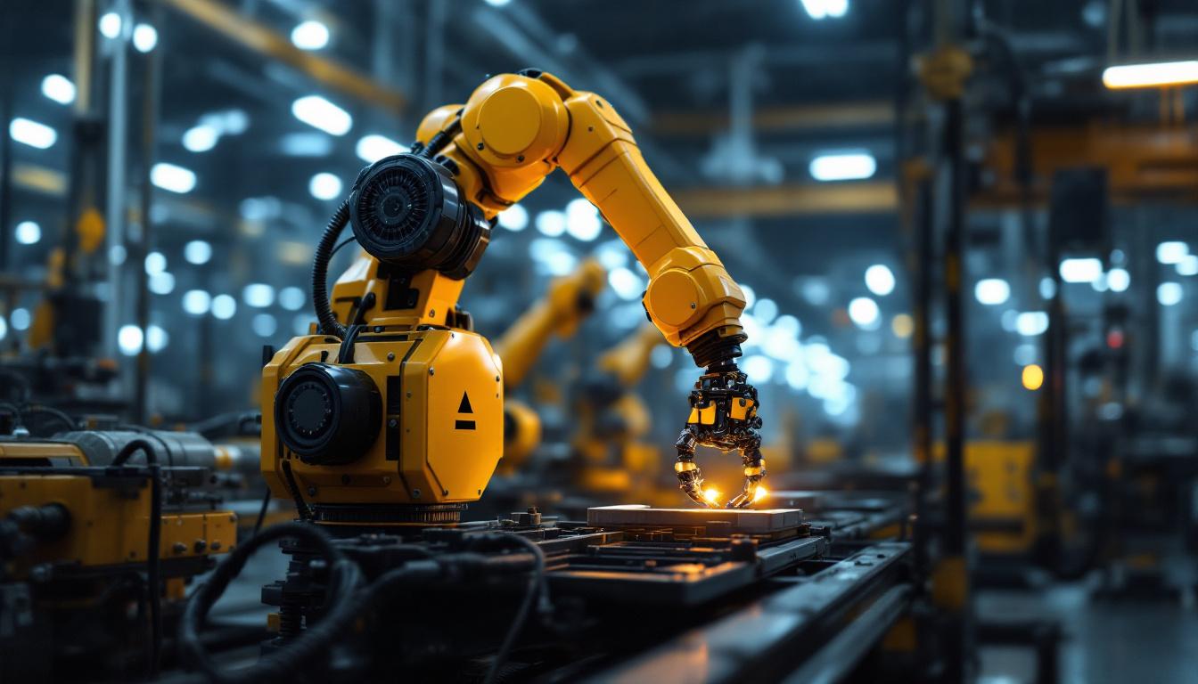 A photograph of a dynamic industrial setting featuring a robotic arm in action