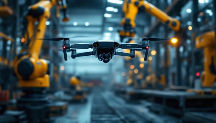 A photograph of a drone navigating through an industrial environment