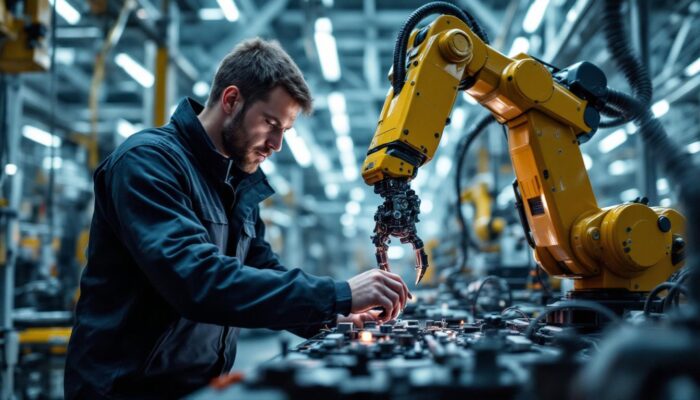 A photograph of a robotic engineer in a high-tech industrial setting