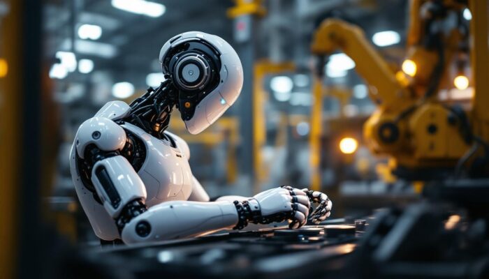 A photograph of capture a photograph of a modern industrial robot in action within a manufacturing environment