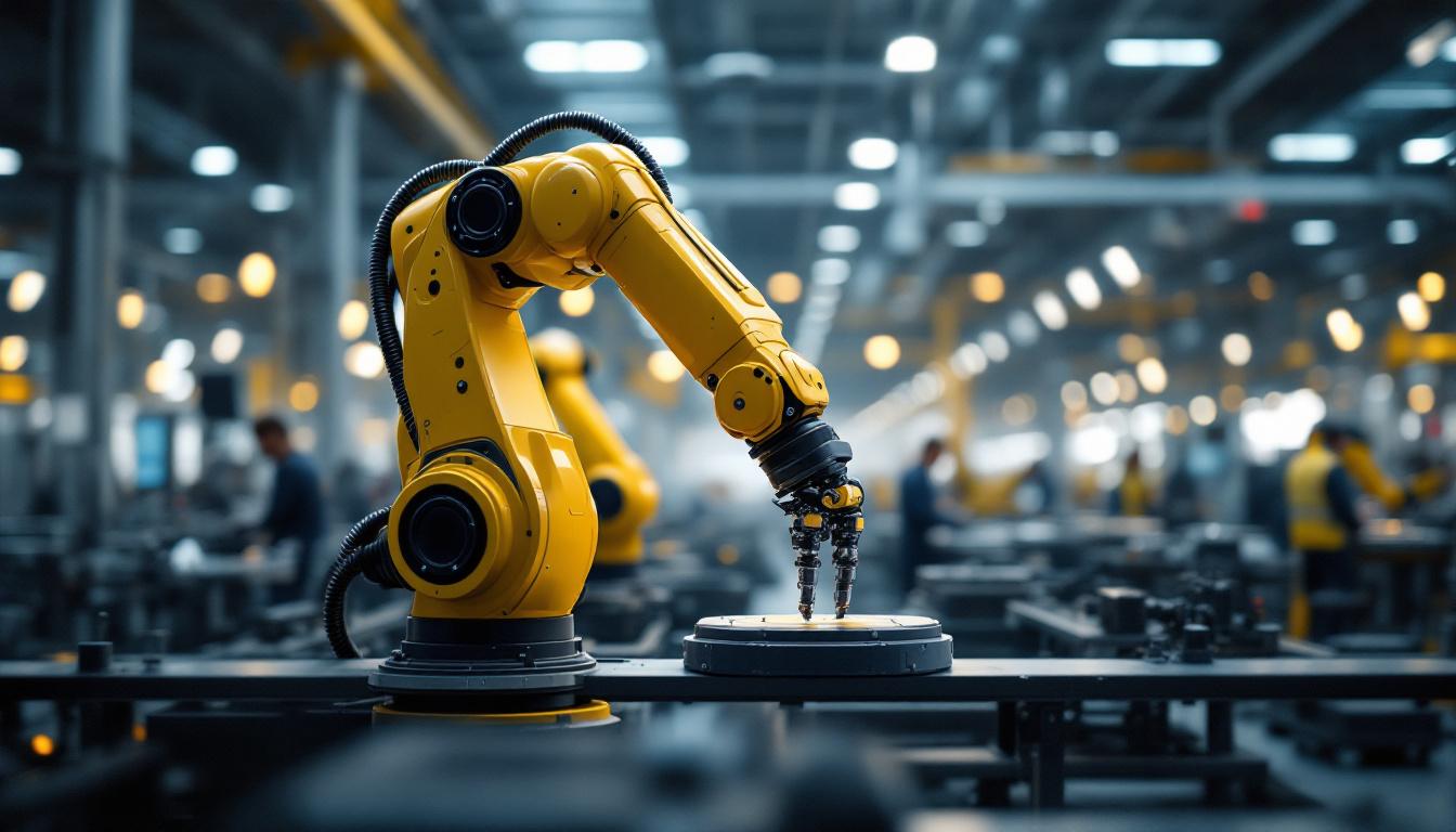 A photograph of a sleek industrial robotic arm in action within a modern manufacturing environment