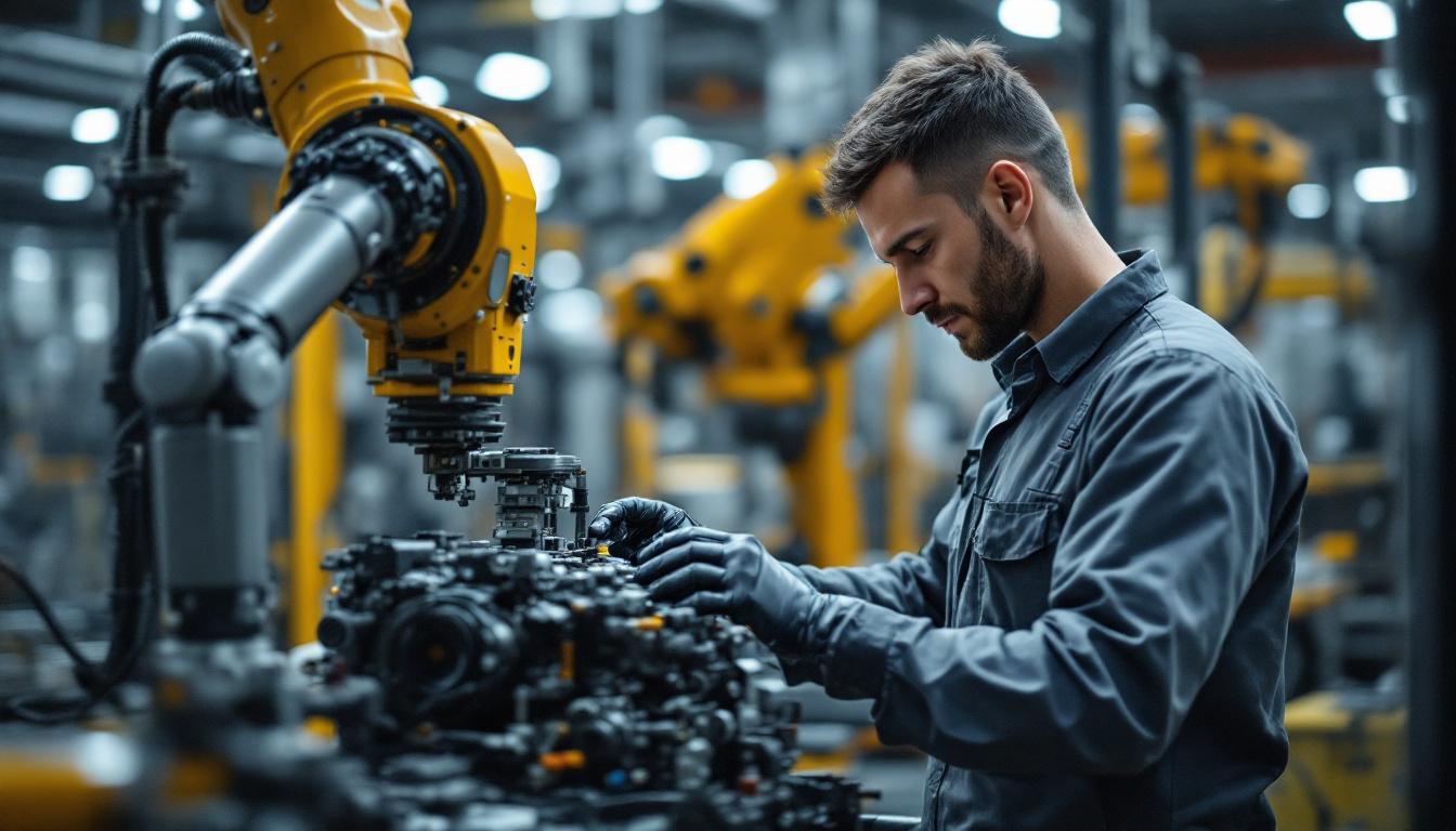 A photograph of a skilled technician performing maintenance on an industrial robot in a factory setting