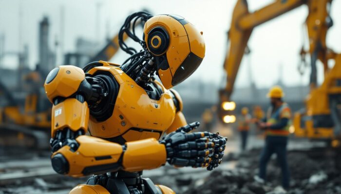 A photograph of a state-of-the-art industrial robot in action within a construction setting