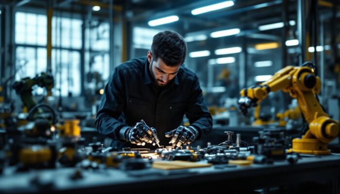 A photograph of a skilled technician assembling an industrial robotic arm in a well-lit workshop