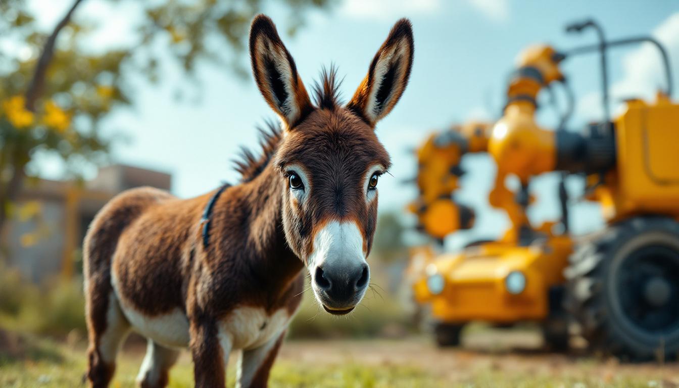A photograph of a mini donkey in a vibrant