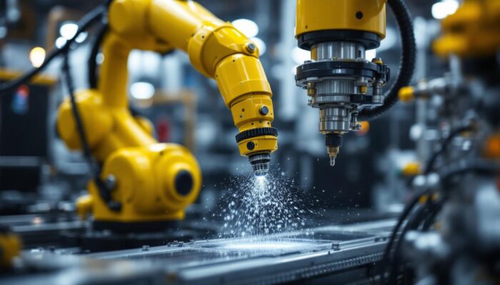 A photograph of a robotic arm performing a leak test on industrial equipment