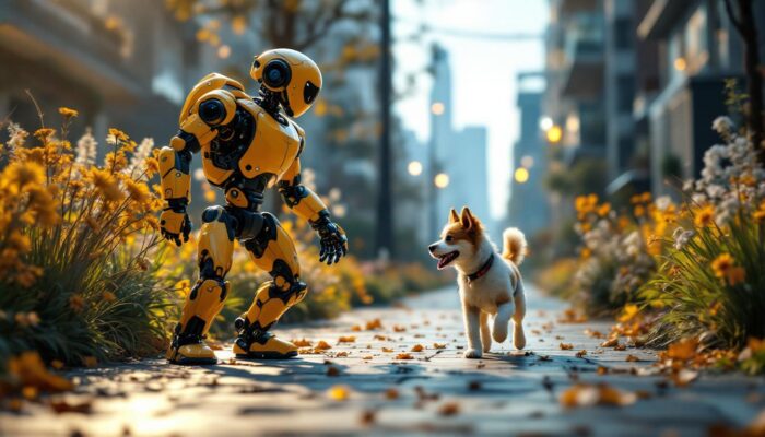 A photograph of a playful scene featuring a humanoid robot walking a dog on two legs in an urban environment