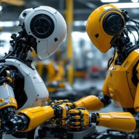 A photograph of a sleek industrial robot in action within a manufacturing setting