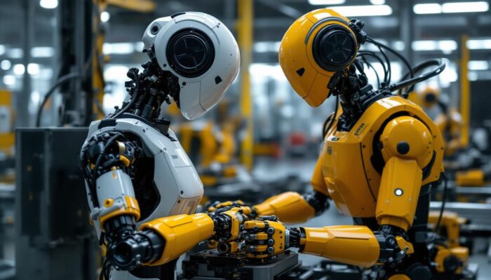 A photograph of a sleek industrial robot in action within a manufacturing setting