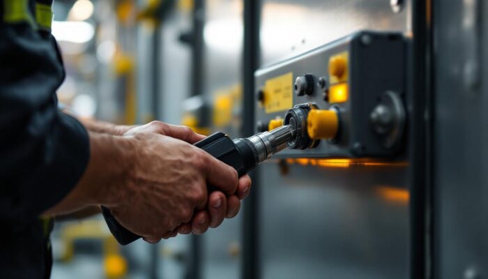 A photograph of a skilled technician adjusting the speed settings on an industrial door closer