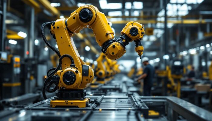 A photograph of an industrial robotic arm in action