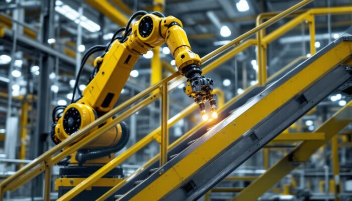 A photograph of a dynamic industrial robotic arm in action