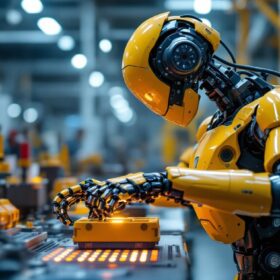 A photograph of a sleek industrial robot in action on a factory floor