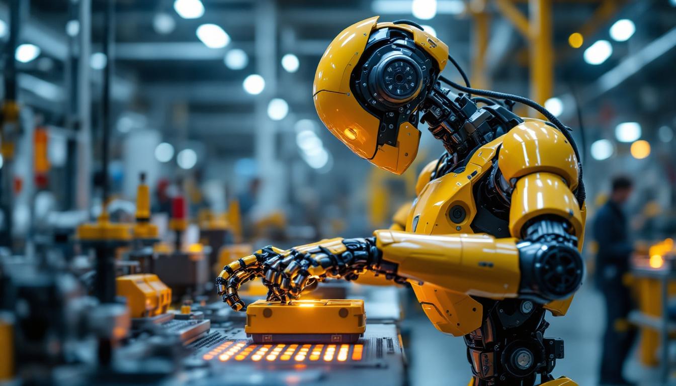 A photograph of a sleek industrial robot in action on a factory floor