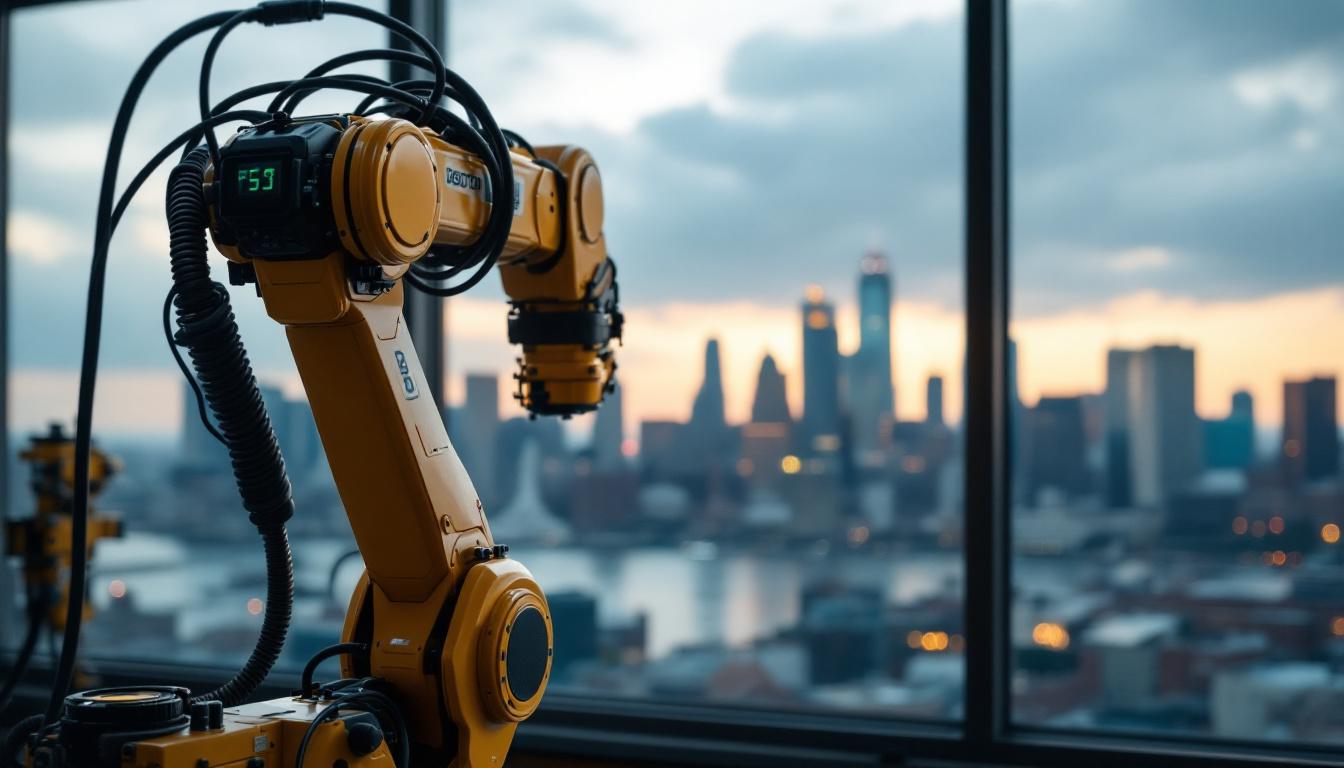 A photograph of capture a photograph of a scenic view showcasing the skyline of boston with hints of industrial elements