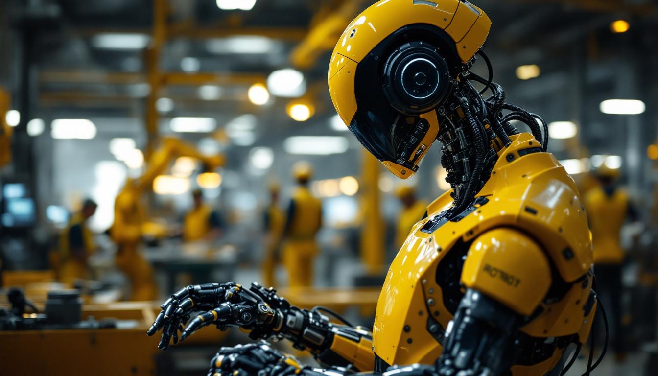 A photograph of a sleek industrial robot in action within a manufacturing setting