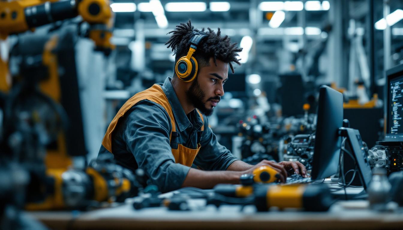 A photograph of capture a photograph of a volunteer software developer working intently at a computer