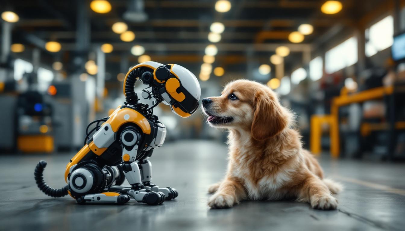 A photograph of a playful dog interacting with a robotic device in a modern