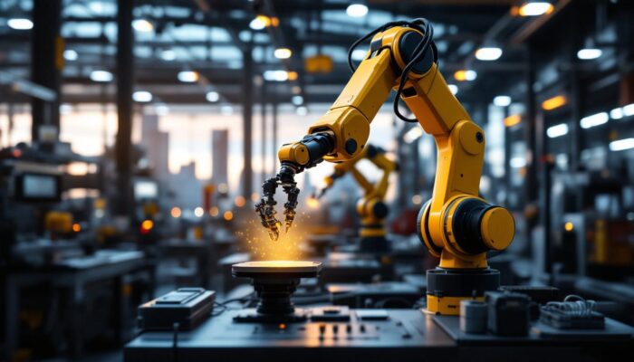 A photograph of a modern industrial robotic arm in action within a high-tech manufacturing facility