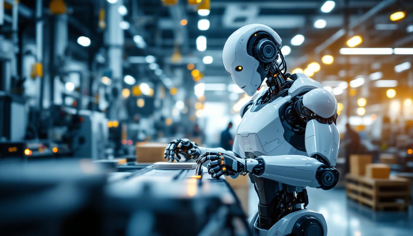 A photograph of a sophisticated industrial robot in action on a factory floor