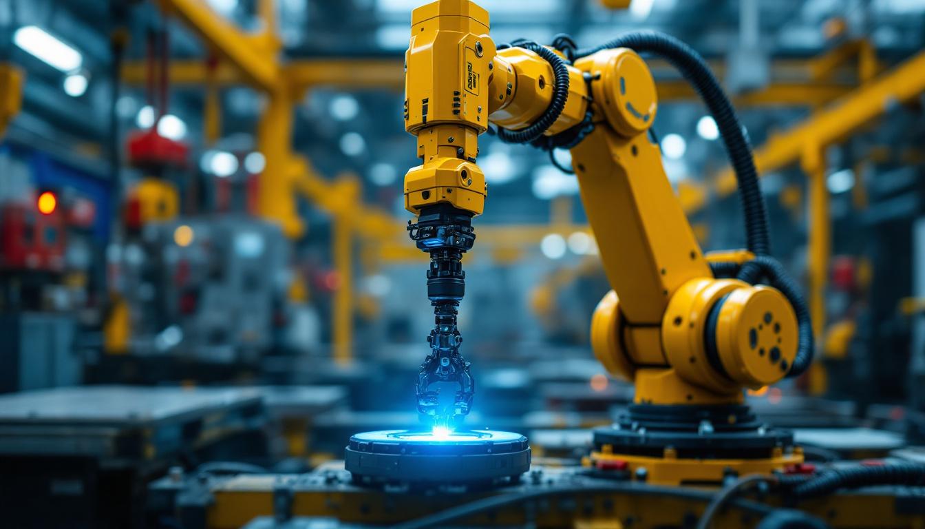 A photograph of a dynamic industrial robotic arm in action