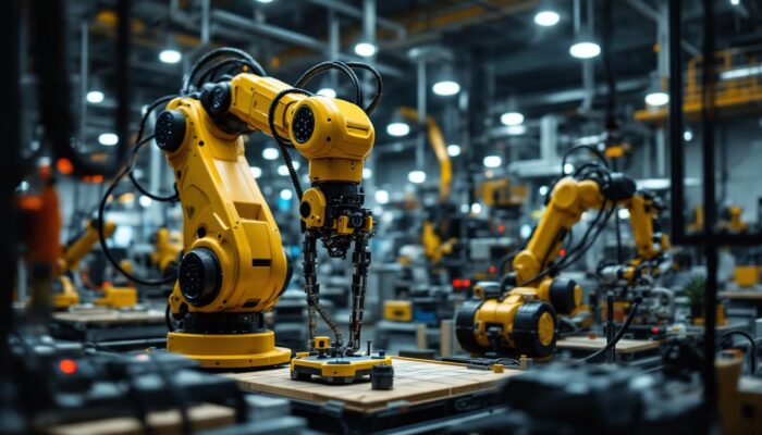 A photograph of a robotic arm in an industrial setting