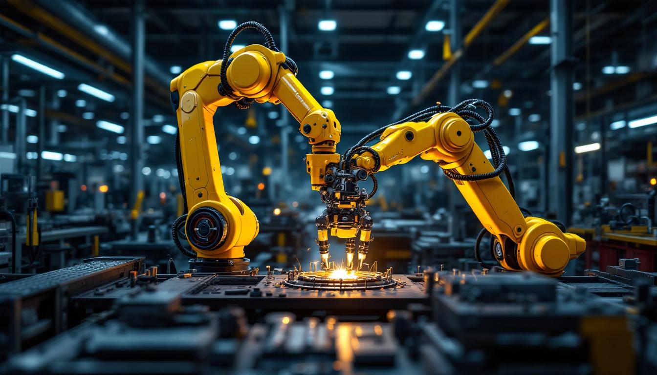 A photograph of a sleek industrial robotic arm in action within a modern manufacturing environment